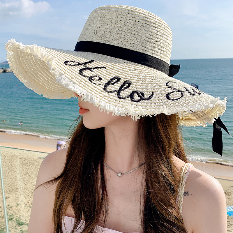 Sombrero de paja con lazo – estilo veraniego, ala ancha, para playa o vacaciones al aire libre