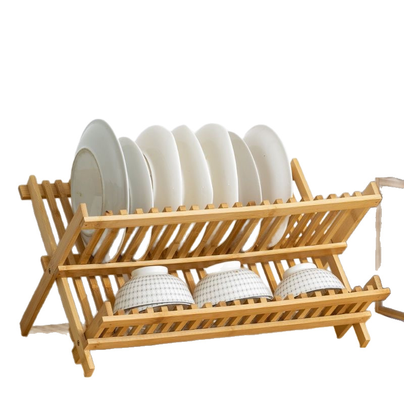 Estante de platos plegables de bambú estante de drenaje de almacenamiento y acabado de montaje multifuncional de taza integrada estante de platos de bambú