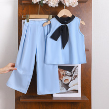 跨境欧美夏季热销多色气质女童套装 中小童圆领无袖宽松上衣+长裤