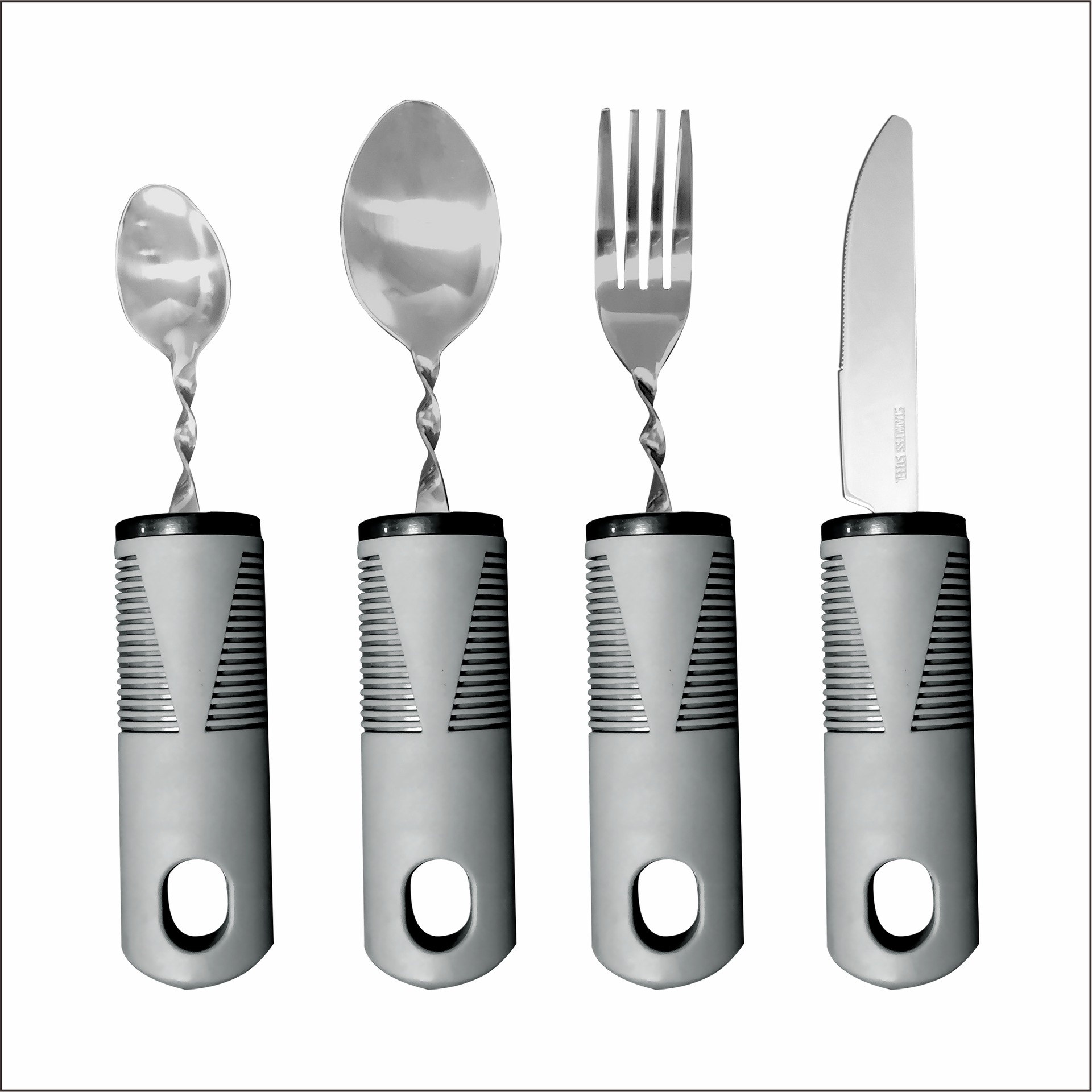 Mango transfronterizo de caucho y plástico de acero inoxidable antivibración, plegable adaptable y doblado para ancianos, vajilla de rehabilitación de alimentos, juego de cuchillos, tenedores y cucharas