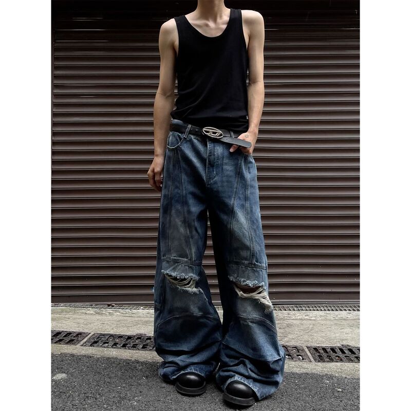 Foreign Trade 2024 New American Heavy Hole A- shaped Stitching Deconstructed Jeans Men's Wide Leg Trousers