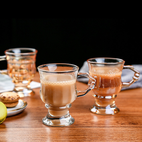 Ins retro European style water cup tea cup home milk tea cup amber glass cup with handle wine cup coffee cup