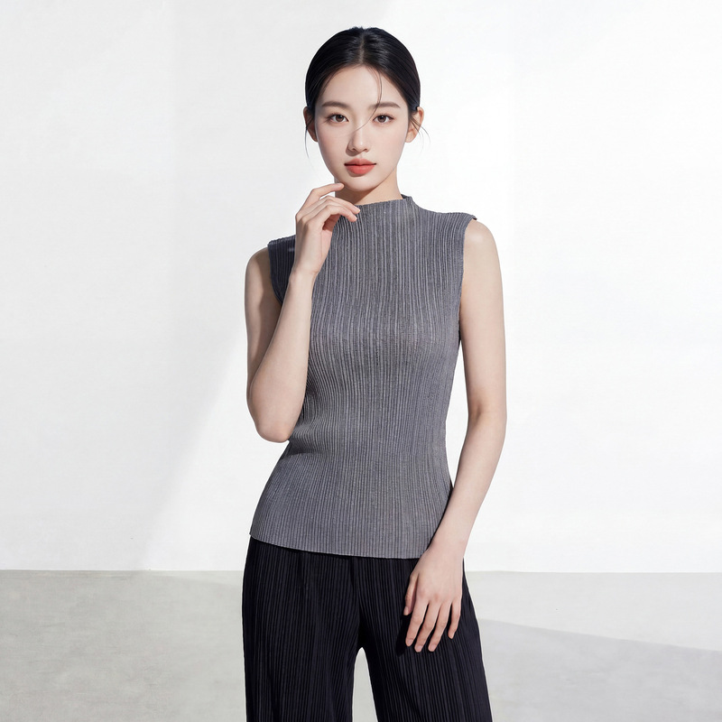 Miyake Basic Style Half-High Collar Pleated Sleeveless Top for Women, New Summer Slim-Fit Textured Versatile T-Shirt Miyake Basic Style Half-High Collar Pleated Sleeveless Top for Women, New Summer Slim-Fit Textured Versatile T-Shirt