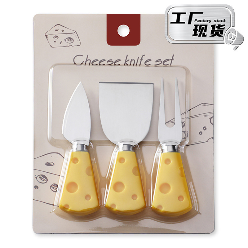 Wholesale Plastic Card Packaging Creative Yellow Cheese Handle Knife Fork Spatula Set of 3 Stainless Steel Cheese Knife Set