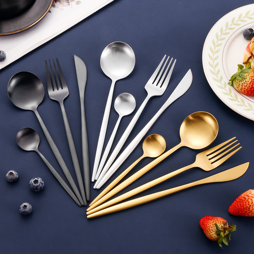Cross-border stainless steel tableware Portuguese spoon fork set sanding round spoon coffee spoon dining set steak knife fork