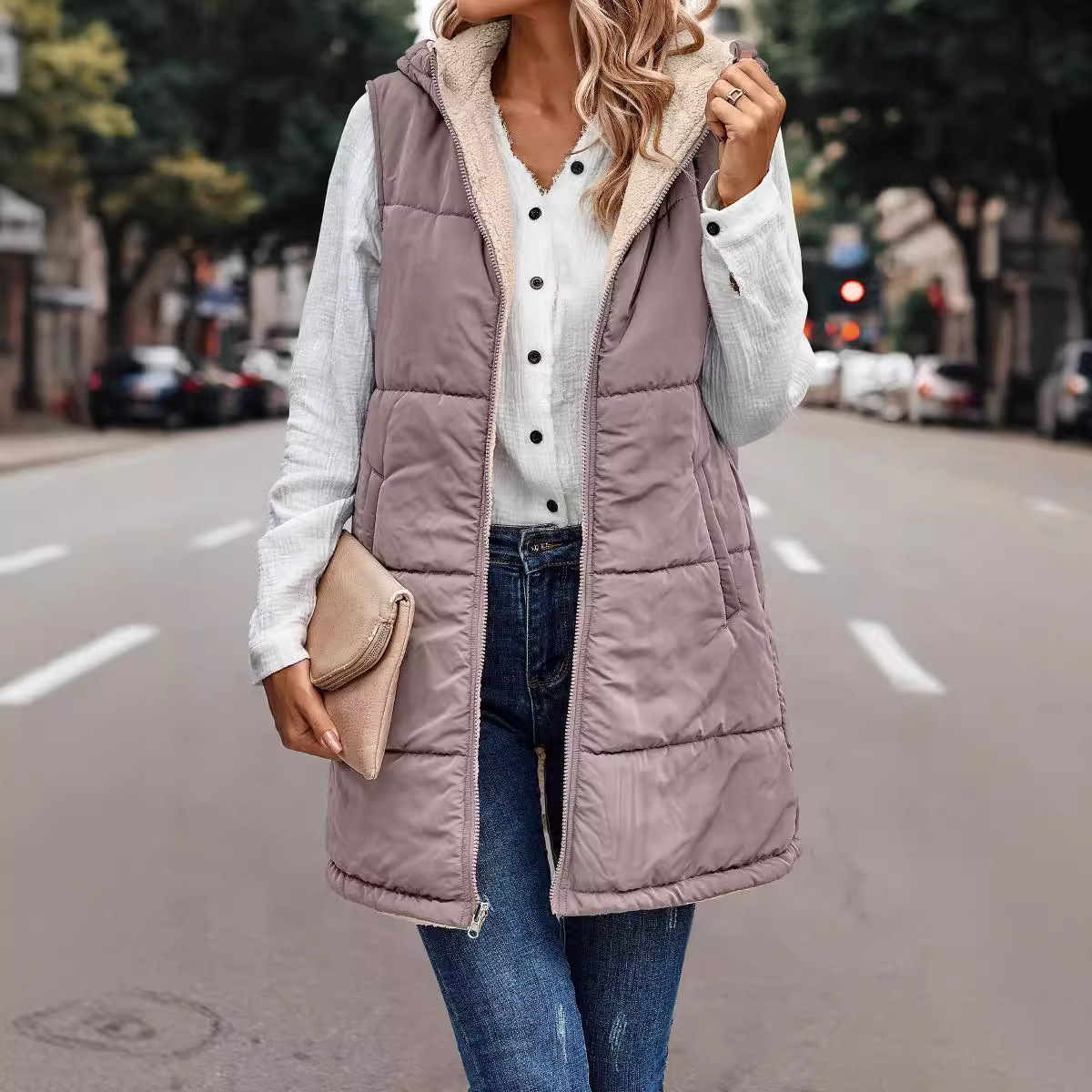 Abbigliamento da donna, giacca in cotone con cappuccio tinta unita, cardigan reversibile, sottile e temperamento_voghion.com