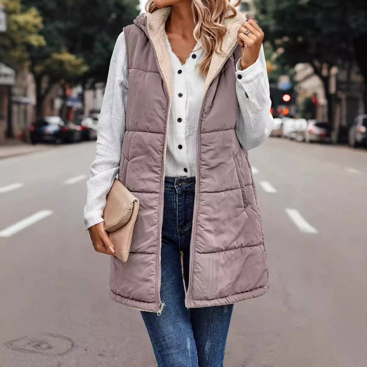  Colored down jacket with hood, double-sided vest, cardigan, 2023, European style, slim fit