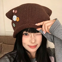 2027软萌猫耳纽扣堆堆帽保暖女秋氛围感冷帽百搭减龄针织毛线帽