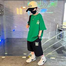 男孩上衣潮T短裤套装中大童夏季新款酷帅纯色字母印花休闲两件套