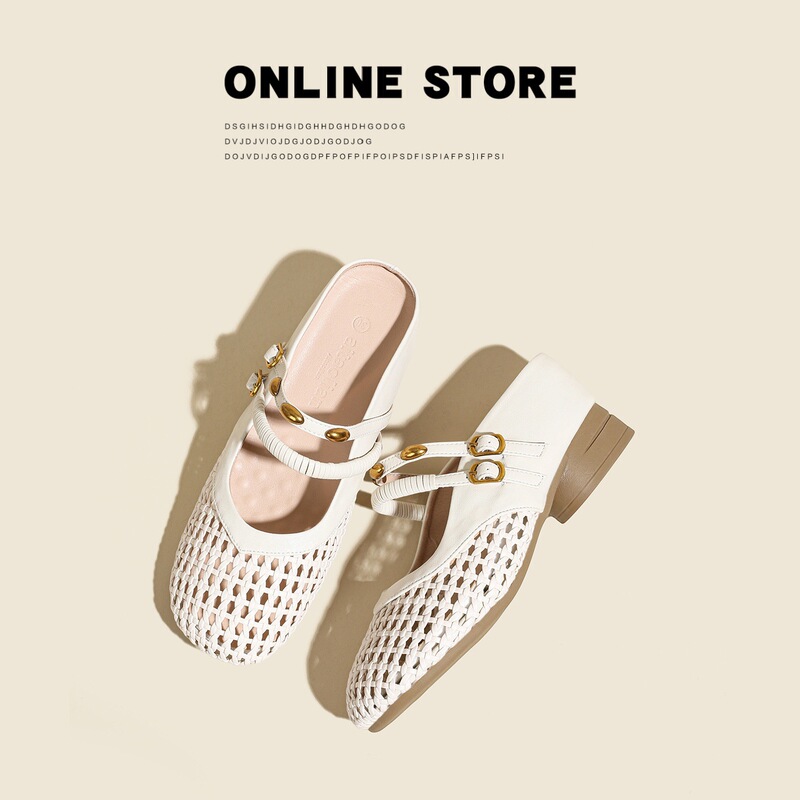 Inner Height-Increasing Hollow-Out Woven Closed-Toe Half Slippers for Women, Summer Outdoor Wear, Petite Slip-On Shoes, Mary Jane Mule Sandals