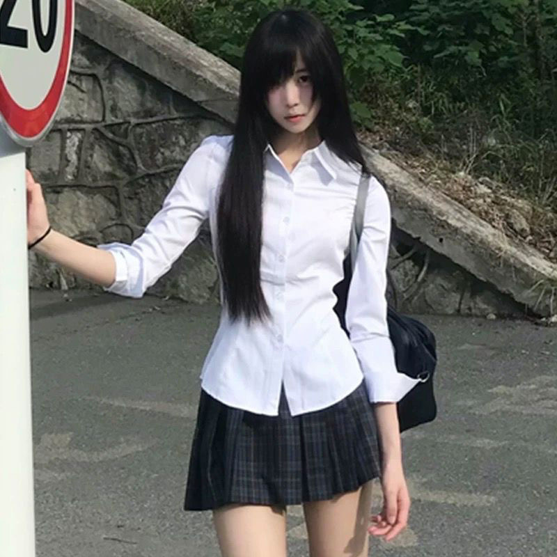 White Tight Waist Long Sleeve Spice Girl Shirt Women's Spring and Autumn New Academy Style Uniform Slim-fit Formal Top Slim Shirt