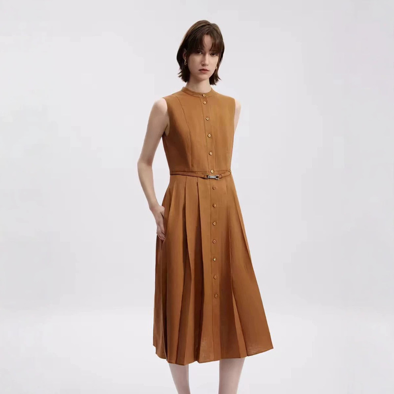 In-Stock Lang Series Linen Round-Neck Old Money Style Slim-Fit Sleeveless Dress, High-Intelligence Pleated Long Dress, New Summer 2026 Model