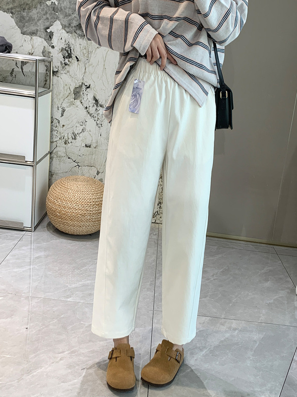 抗皱易打理弹力高腰休闲裤女秋季新松紧腰双侧线小个子宽松直筒裤|undefined