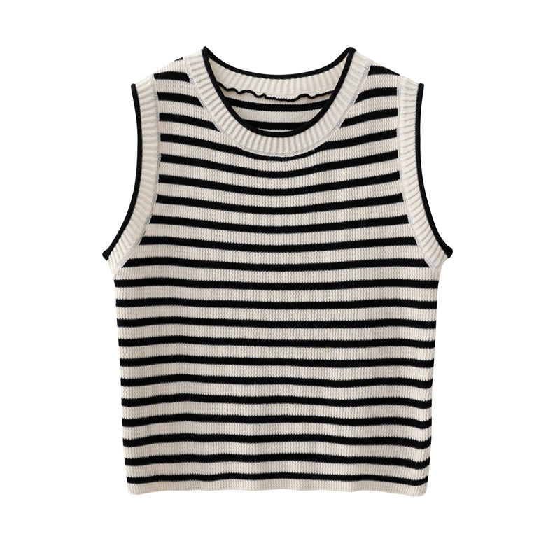 条纹吊带背心女士夏季外穿圆领修身显瘦内搭短款无袖冰丝针织上衣
