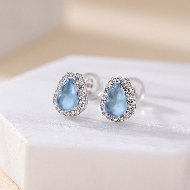 Bông tai bạc S925 đính đá aquamarine phong cách Trung Hoa tinh tế — một cặp