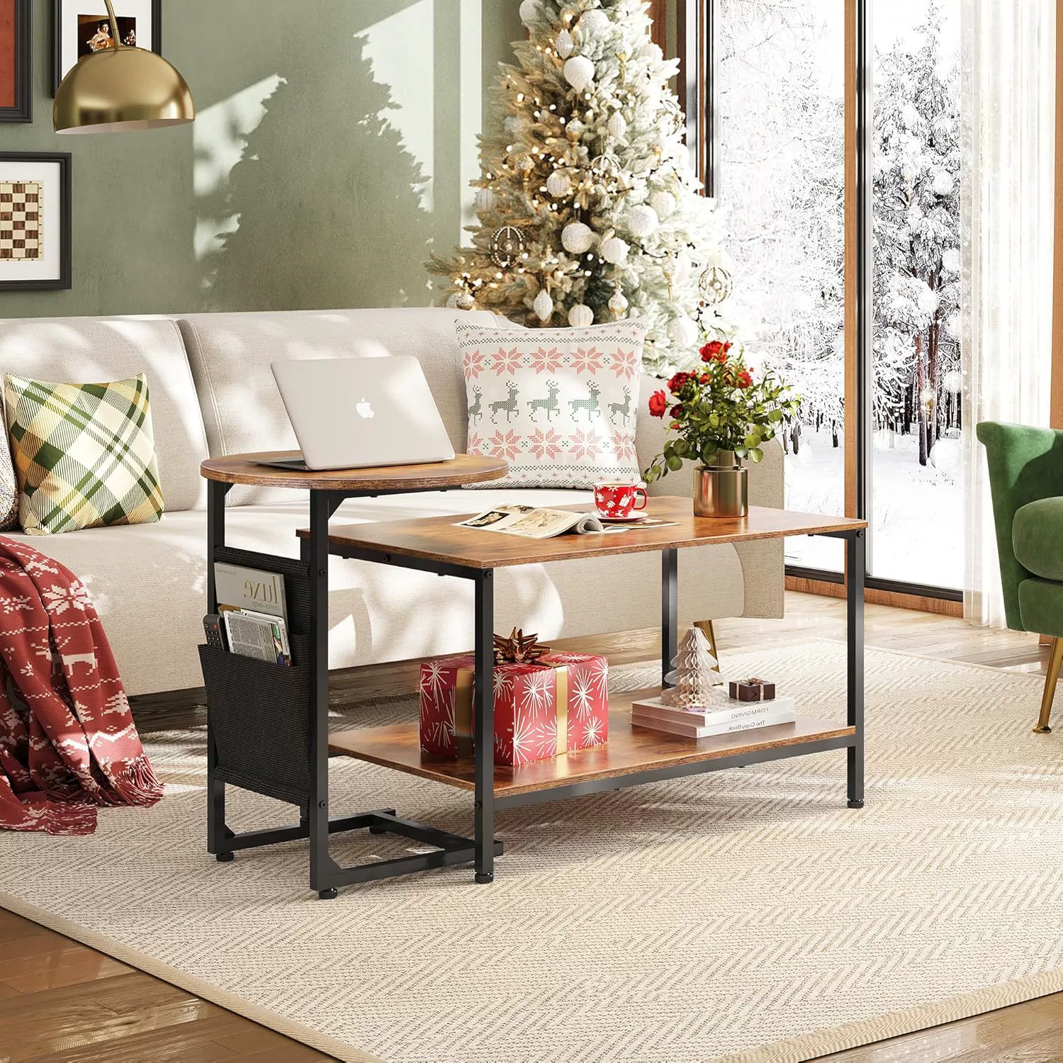 Домашняя гостиная, спальня, ретро-коричневый приставной столик и основной столик, комбинированный набор с боковым карманом для хранения, многофункциональное хранилище