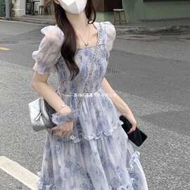 300斤加大码复古气质碎花连衣裙女夏季超仙收腰显瘦胖MM初恋裙子
