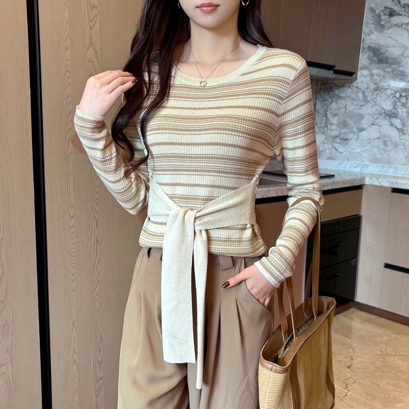 韩系秋季新款时尚百搭显瘦针织衫女设计感小众羊毛条纹百搭上衣新|undefined