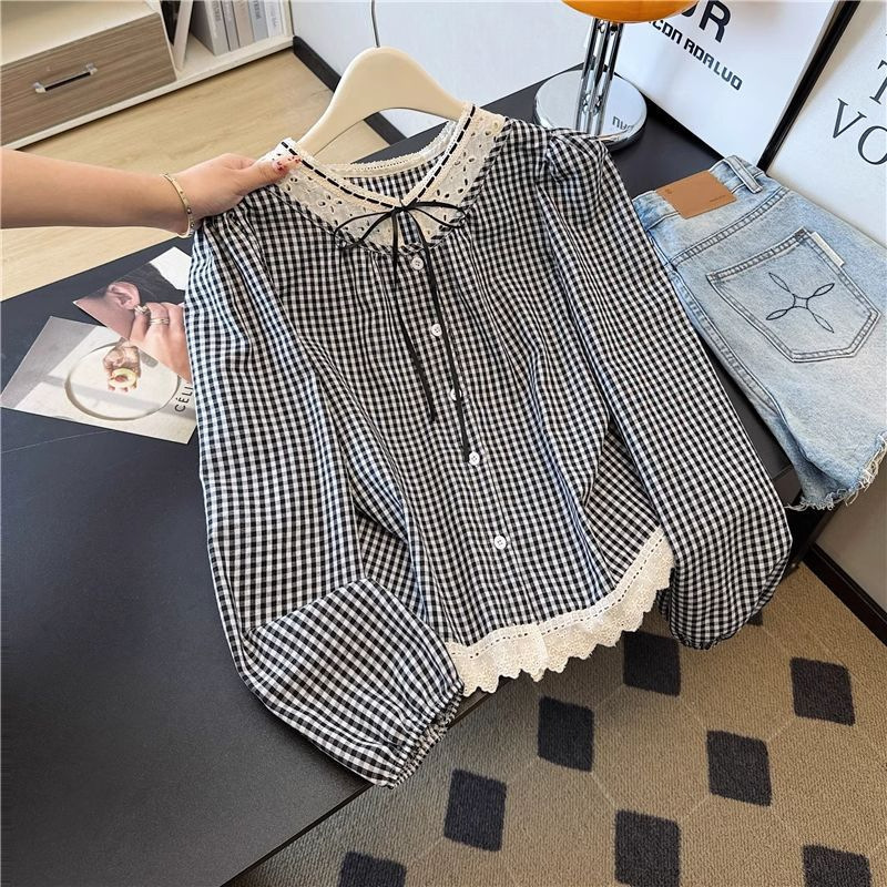 Retro Plaid Long-Sleeved Bottoming Shirt for Women in Spring and Autumn Large Size Fat Slimming High-End Long-Sleeved Lace Splicing Top