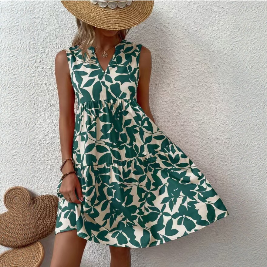 Women's Clothing Women's V Neck Sleeveless Dress Summer Fashion Printed Dress For Formal & Casual For Women_ecoleips.com