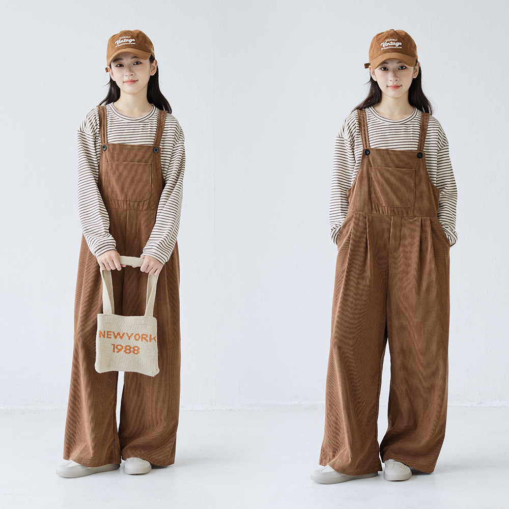 女童秋冬款减龄背带裤休闲宽松两件套复古灯芯绒长裤条纹T恤套装