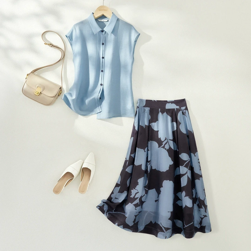 Стильный летний костюм 2025 года для женщин: модная тонкая рубашка и юбка с ретро-принтом, трендовый комплект из двух предметов