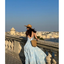 七月伊萨尔 原创自制重工大裙摆长裙 刺绣吊带度假连衣裙