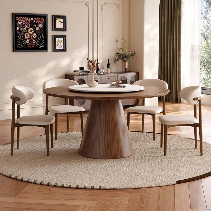 Solid Wood Dining Table Round Table Small Household Turntable Round Light Luxury Modern Simple Solid Wood Dining Table and Chair Dining Table Combination