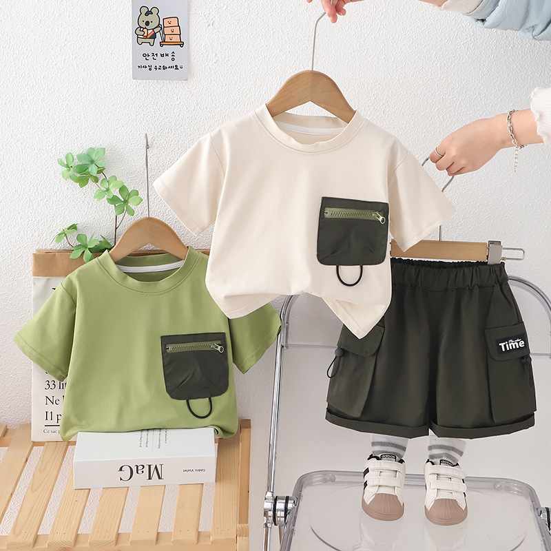 男童工装拉链袋夏装套装2025新款儿童装夏季韩版潮一岁宝宝夏天