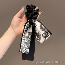 中式黑白水墨印花图案发圈蝴蝶结发带气质缎面飘带低马尾发绳发饰