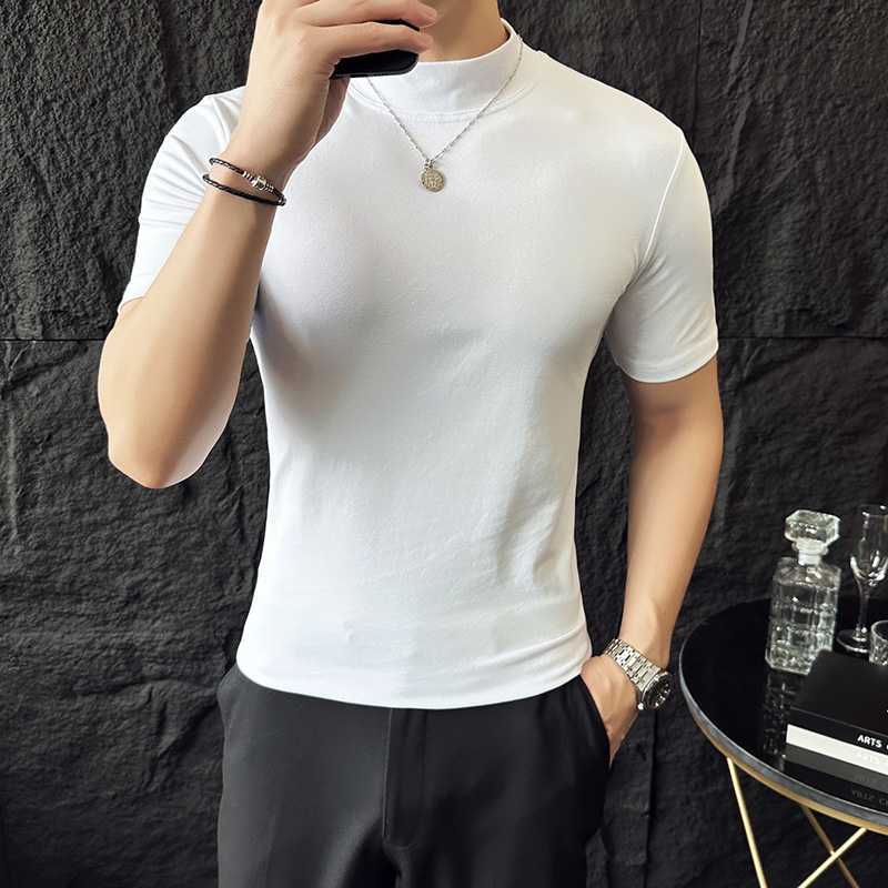 작은 터틀넥 티셔츠 남성용 짧은 소매 2024 년 봄과 가을 새로운 하이 엔드 느낌에 꼭 맞는 내부 스트레치 타이트한 목베이스 셔츠