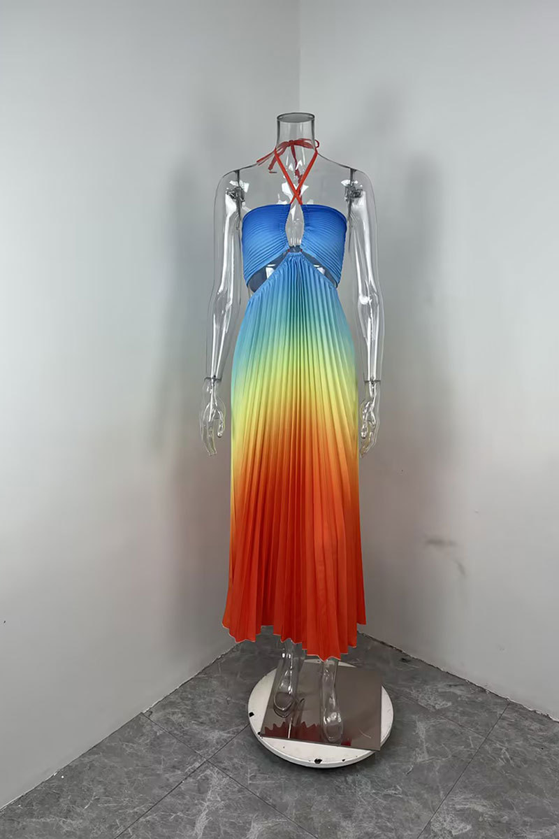 Women's Elegant Hollow Out Halter Neck Dress Spring 2026 Sexy Gradient Color Long Casual American Style Summer Clothing_ecoleips.com