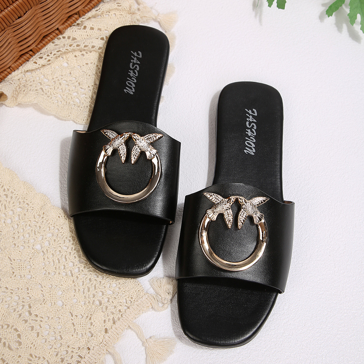 Sandalias Planas de Punta Cuadrada para Mujer de Cuero Sintético Cómodas para Uso Casual