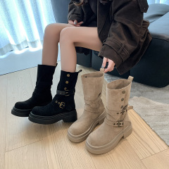 棕色复古英伦风粗跟厚底时装靴女款2025新款春秋显瘦增高短筒靴子
