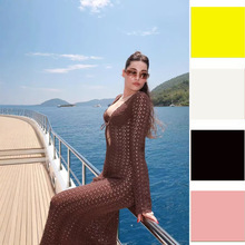 外贸新款沙滩连衣裙跨境欧美女装v领镂空修身长袖连衣裙女夏季