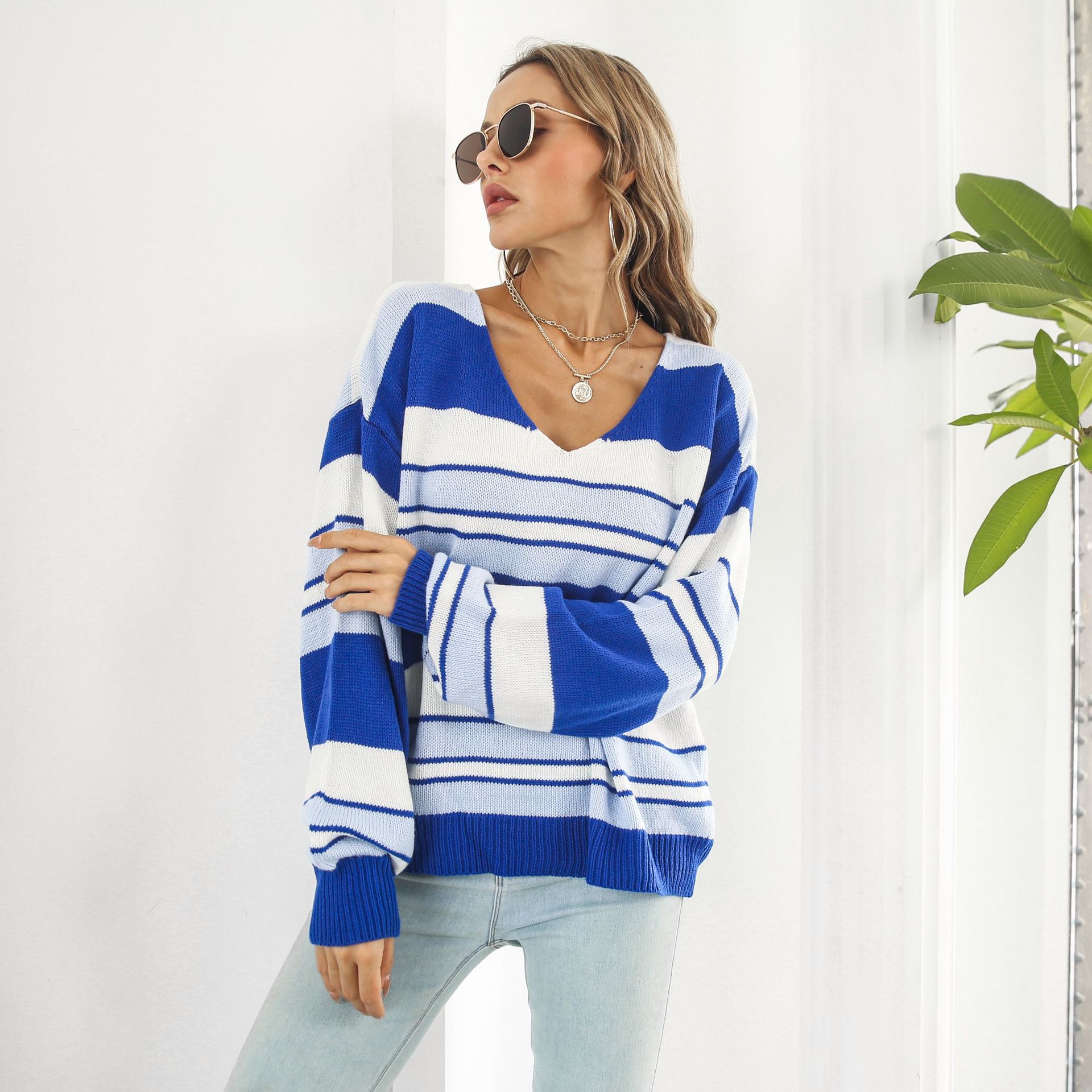Striped Gradient Color V neck Long Sleeved Women Loose Autumn Winter Knitwear Sweater 6 Striped Gradient Color V neck Long Sleeved Women Loose Autumn Winter Knitwear Sweater
