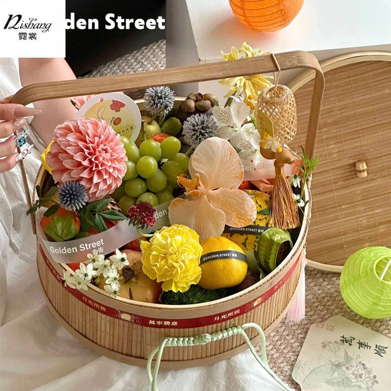 中秋節月餅果物かご生花手提げ花かご竹編み手編み花芸生け花かご中国式卵かご|undefined