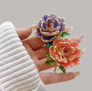 Enamel Peony Flower High-end Brooch Women's High-end Light Luxury Corsage Accessories Pin Tight Waist Buckle Clothing Accessories