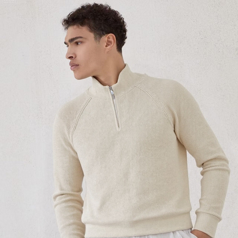 Italian Bc Men's Clothing 2025 Early Autumn New Pure Color Fashionable Men's Casual Stand-Up Collar Half-Zip Knitted Wool Sweater