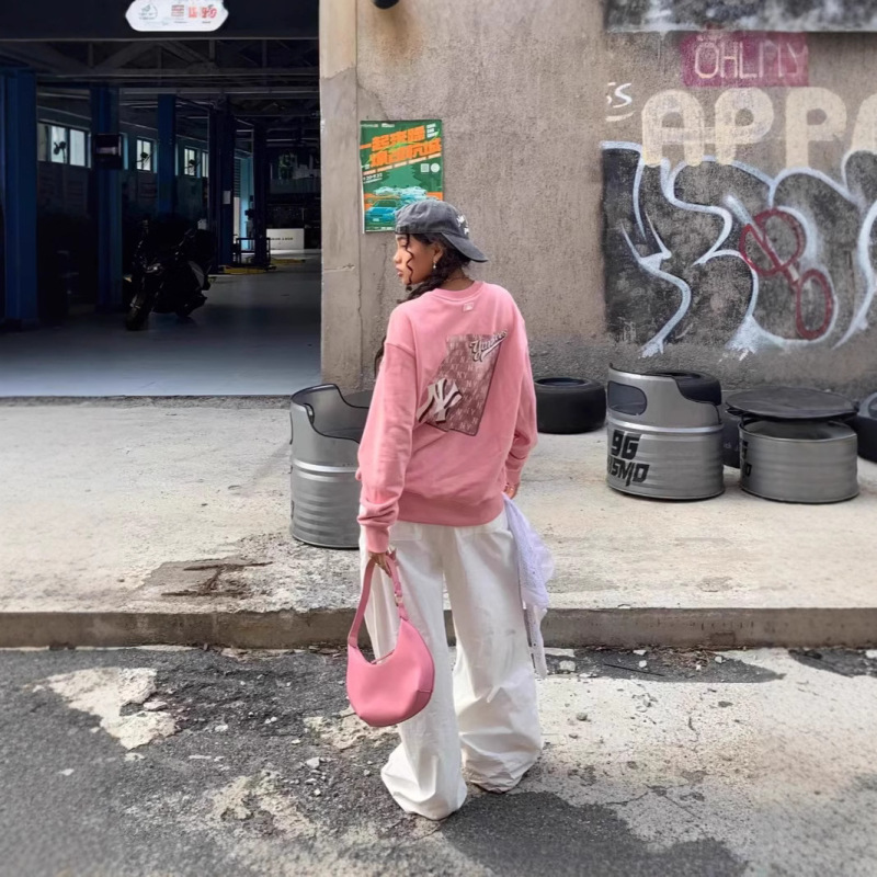 潮牌MLB/NY洋基队复古牛仔波普老花印花男女情侣同款圆领套头卫衣|undefined