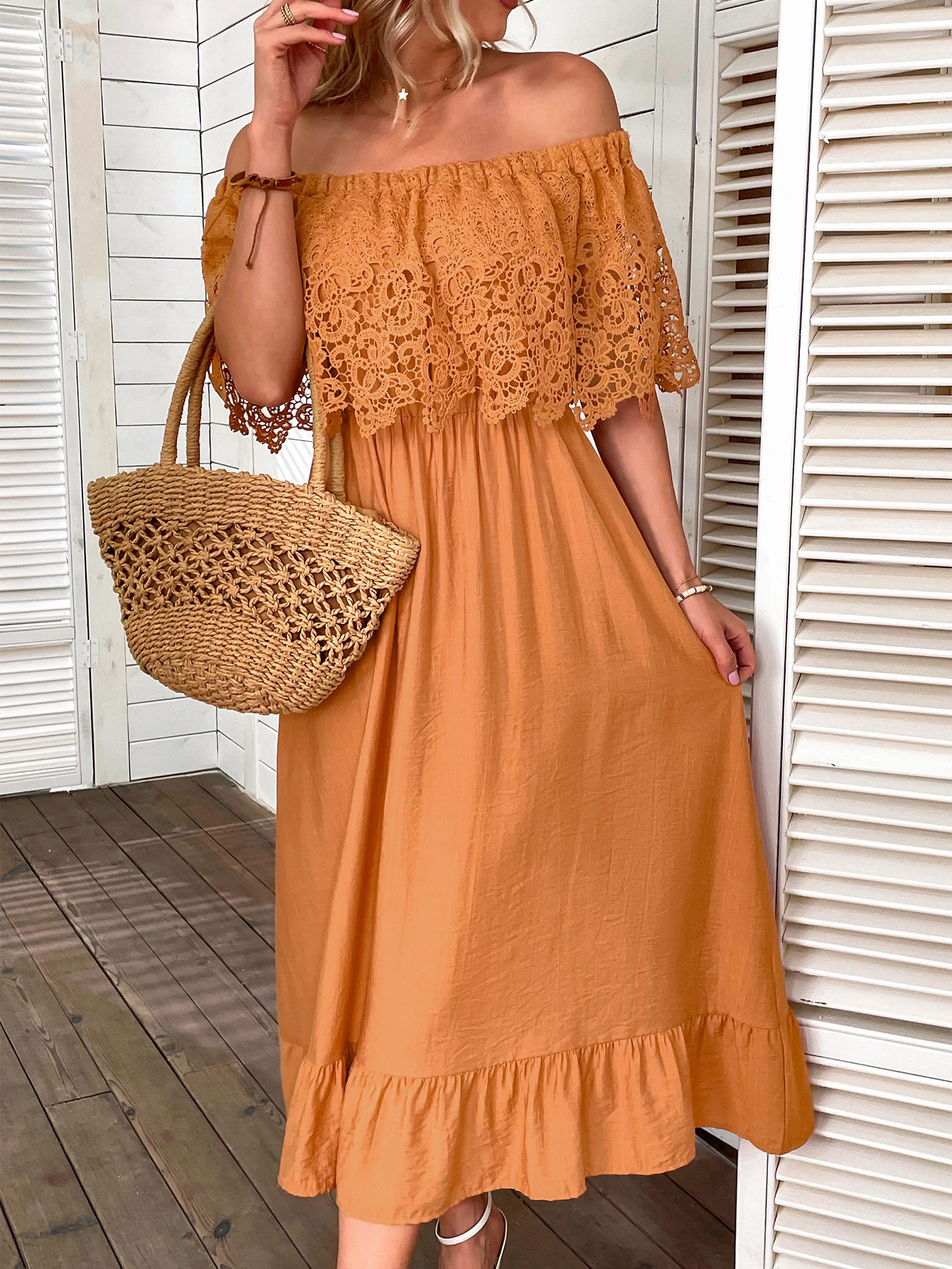 Women's Swing Dress Simple Style Boat Neck Hollow Out Half Sleeve Solid Color Maxi Long Dress Holiday Daily display picture 11