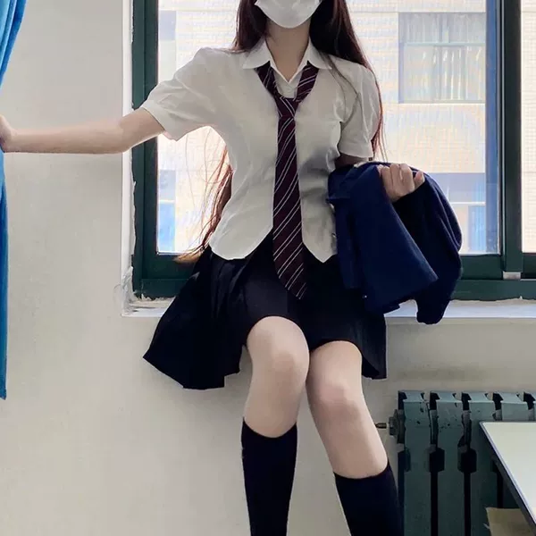 Set, brace, tie, black skirt, with short sleeve