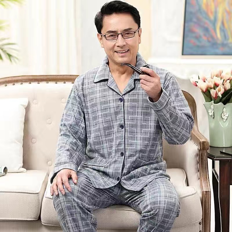 Pijama de mediana edad y ancianos Otoño e Invierno 100% algodón cardigan pantalones manga larga mediana edad hogar desgaste abuelo