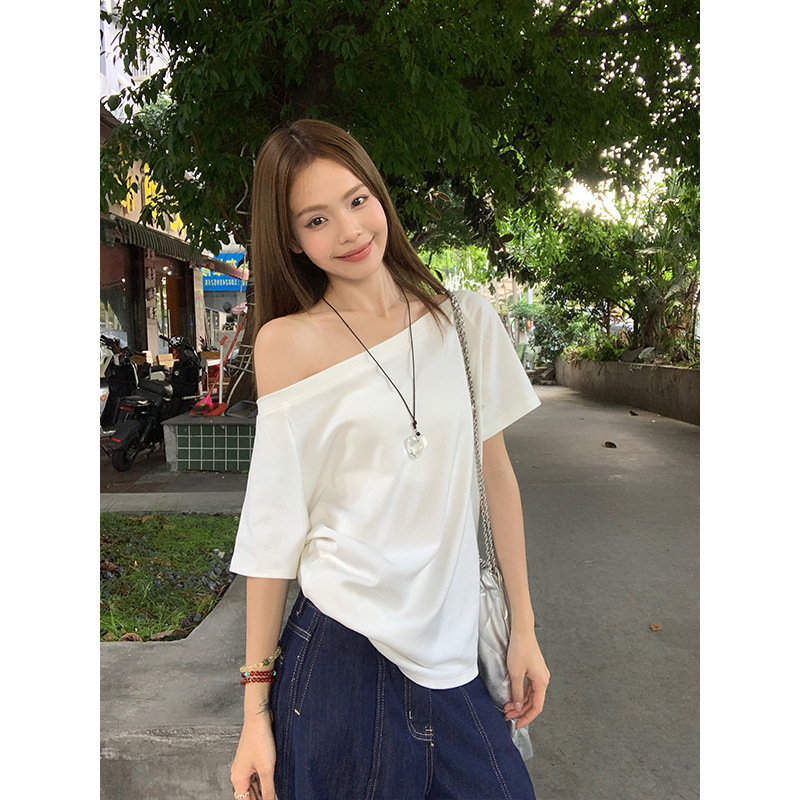宋正恩黑色斜肩宽松短袖t恤女夏季新款慵懒感休闲纯色露肩上衣潮|undefined