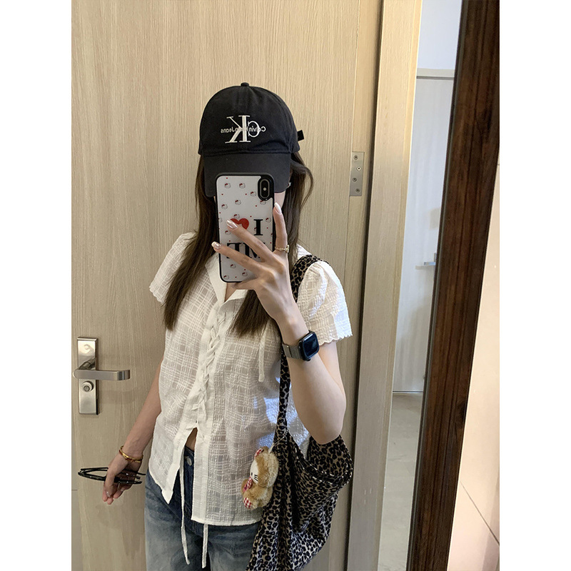 韩系白色肌理感短袖衬衫女夏季设计感小众绑带衬衣感气质上衣|undefined