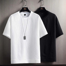 冰丝短袖t恤男士夏季新款半袖体恤棉麻纯色宽松打底衫白色五分袖