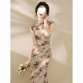 法式旗袍国风鱼尾2025新中式新款复古改良中式夏季气质印花连衣裙