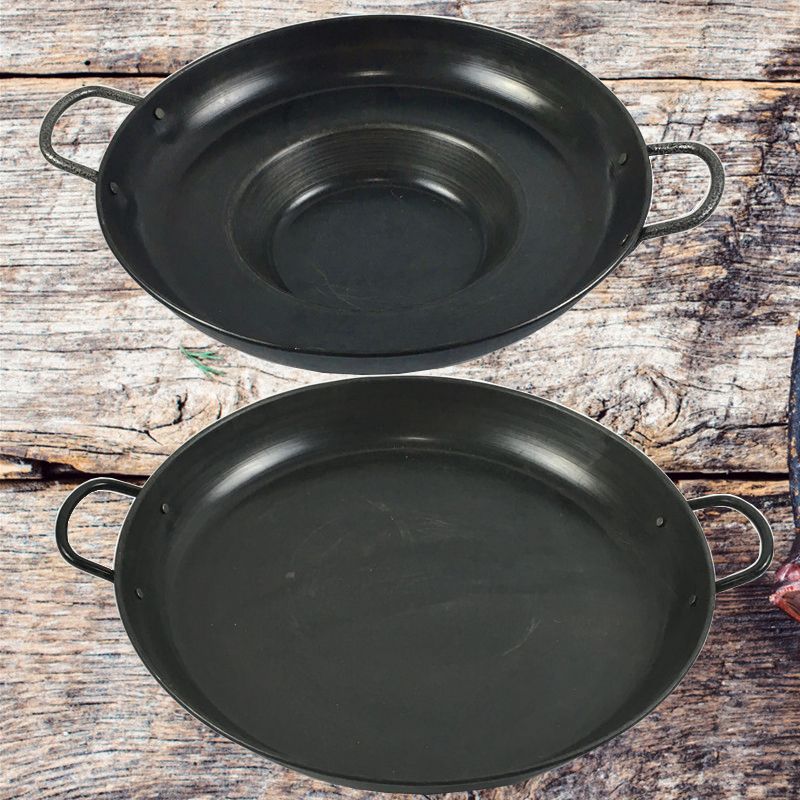 高碳熱板黑色材質深型平底煎餅土豆烙鍋烙餅熟鐵鍋商用鐵板燒鋼鍋