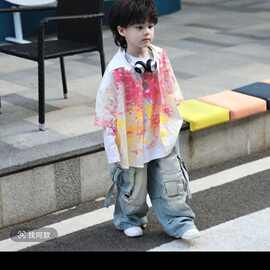 男童长袖洋气夏季粉色衬衫套装2025新款儿童两件套帅气潮流炸街潮