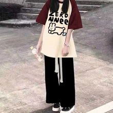 美拉德2024夏季新款套装女韩版宽松纯棉短袖印花T恤+直筒裤两件瑞